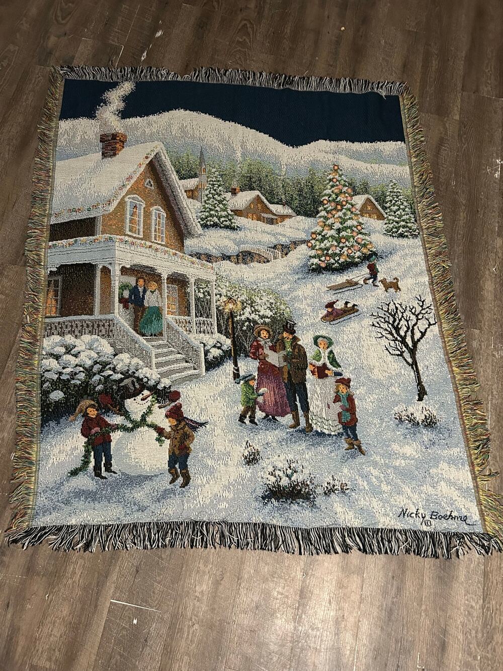 Nick Boehme Village Carolers Taphestry Blanket Throw 50x60  Made in USA